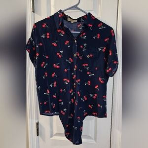 Love Notes Cherry Print Navy Blue Blouse